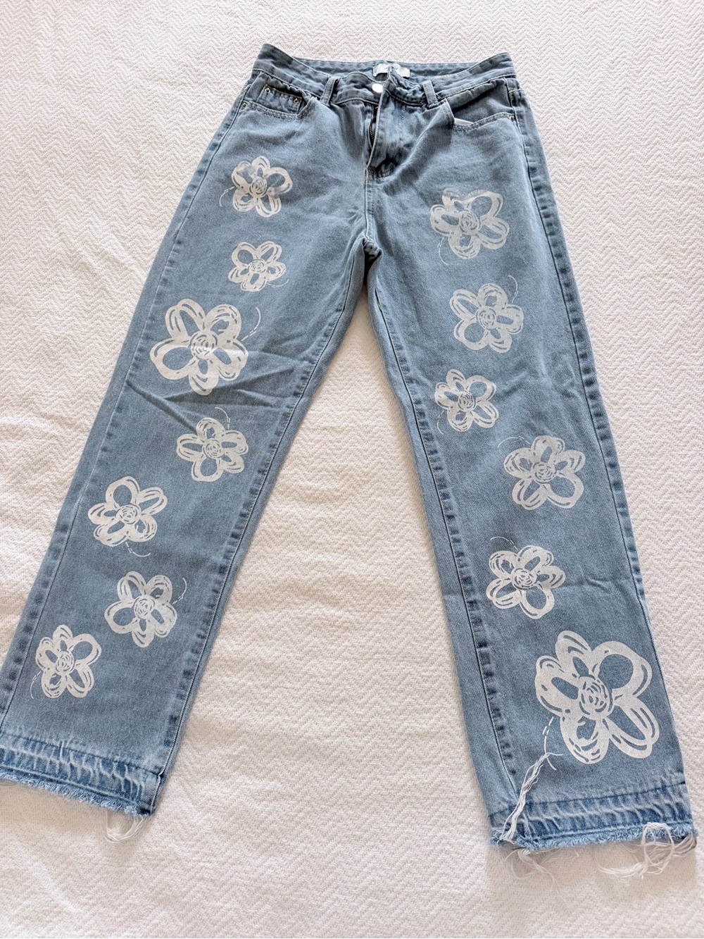 Light Blue Wash White Daisy Flower Patterns Cotton Straight Leg Jeans Size M